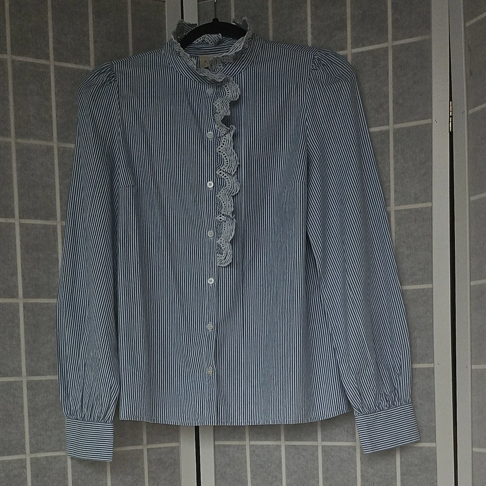 Navy Striped Women's Blouse with Ruffle Detail - Picture 1 of 11